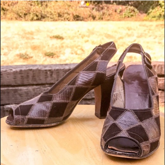 Rare Vintage 1940s Harlequin Peep Toe Heels 🐍 - Picture 5 of 7